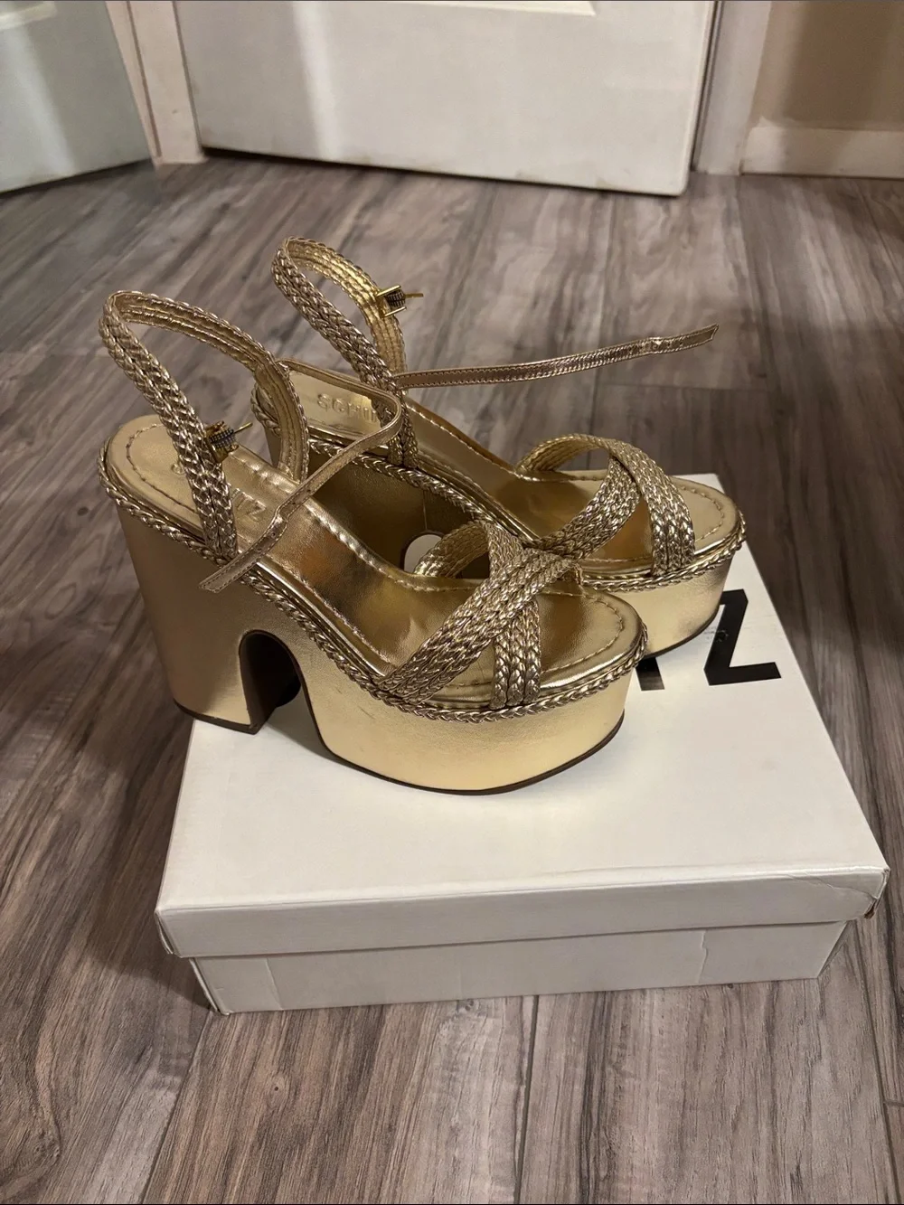 SCHUTZ Metallic Gold Braided Platform Slingback Heels